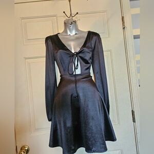Painted Threads black satin long sleeve mini dress with a V-neck and tie-front d